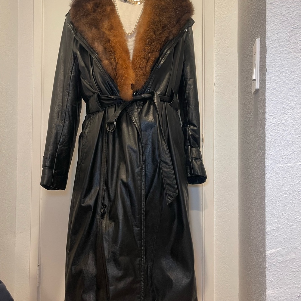 Black Leather Coat with Brown Fur Collar